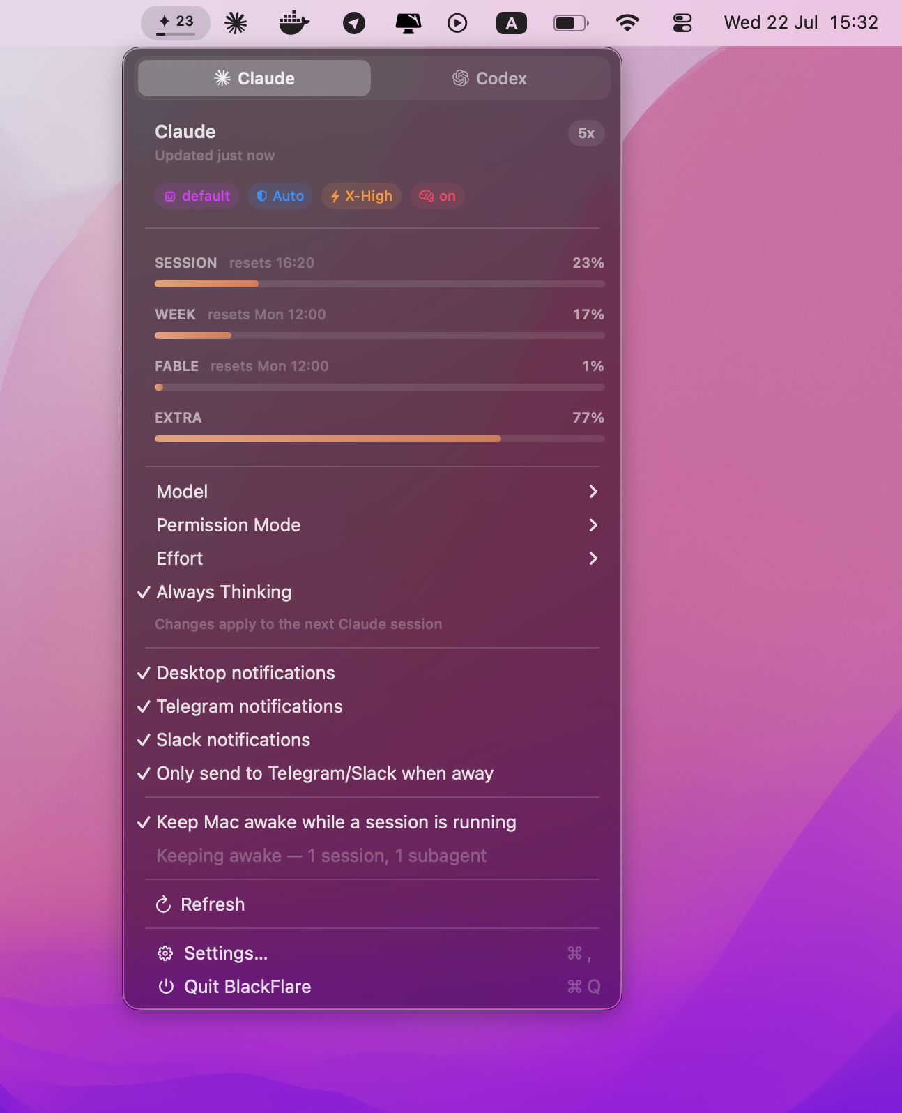 The BlackFlare menu — “Keep Mac awake while a session is running” checked, with live Claude usage above it