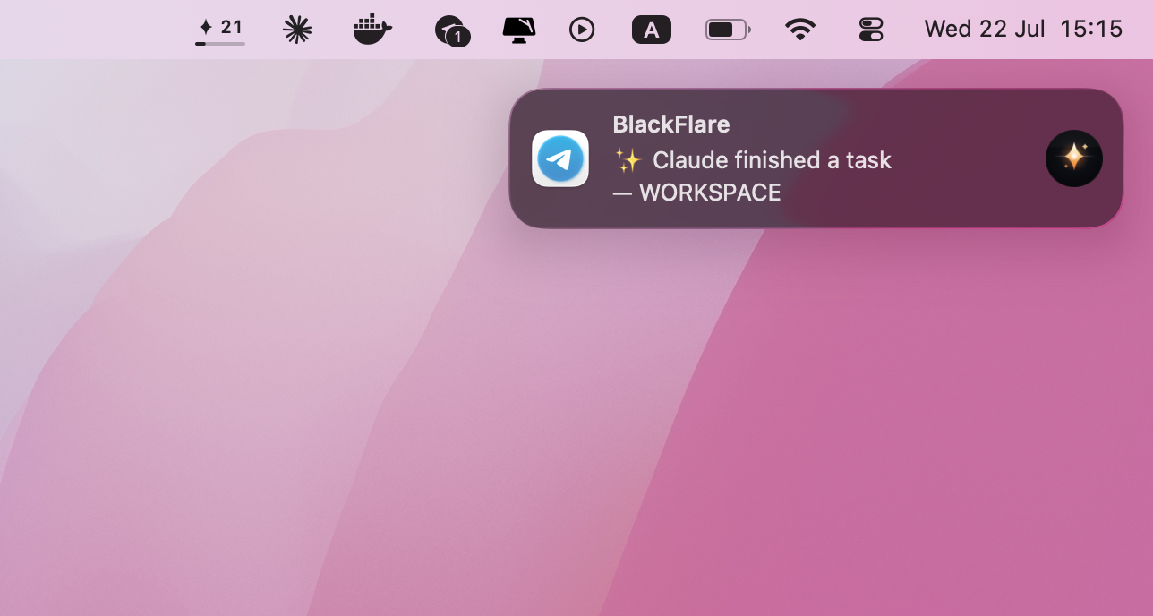 “Claude finished a task” — a BlackFlare ping delivered through Telegram