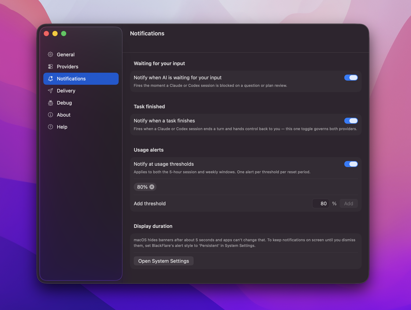 Usage alerts in BlackFlare settings — notify at thresholds you set, per session and weekly window